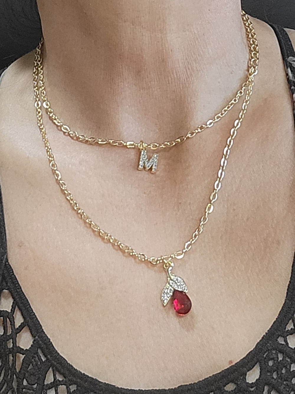 Two Strand Gold Plated Layered Necklace with Red Crystal Pendant and 'M' Initial